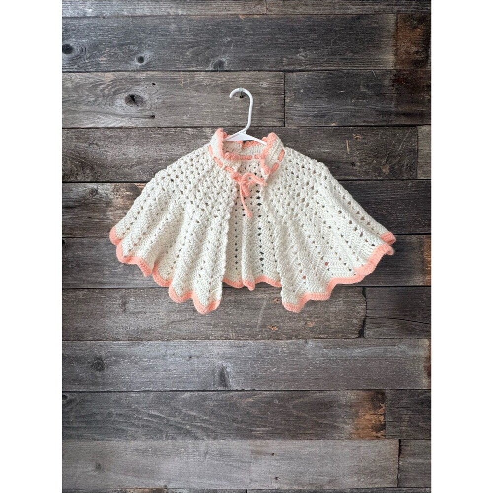 Handmade Vintage Cream Crochet Cape with Peach Trim